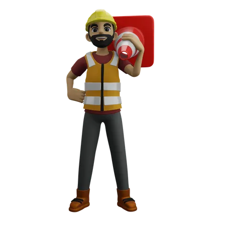 Construction Man Holding Safety Cone  3D Illustration