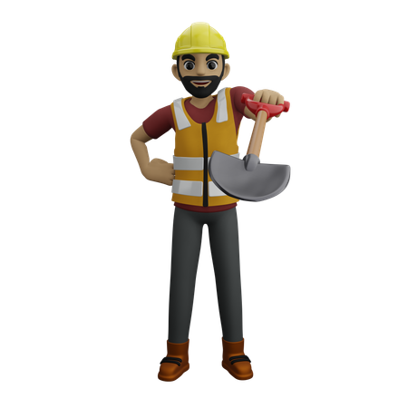 Construction Man Holding Shovel  3D Illustration