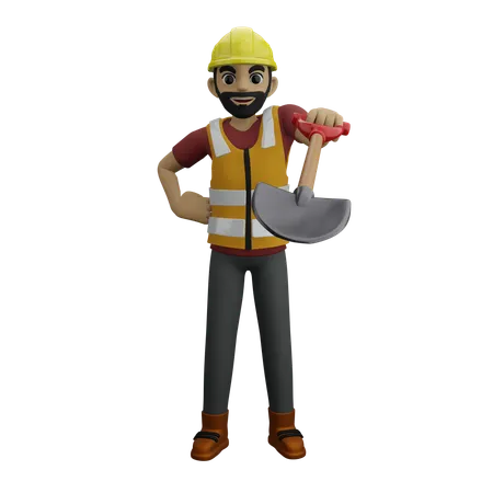 Construction Man Holding Shovel  3D Illustration