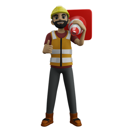 Construction Man Showing Thumbs While Holding Cone Pin  3D Illustration