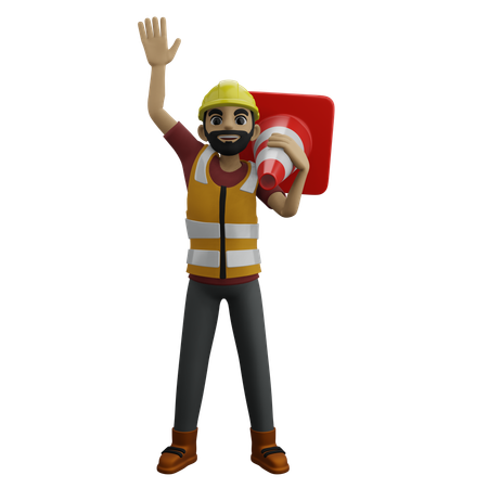 Construction Man Waving Hand While Holding Cone Pin  3D Illustration