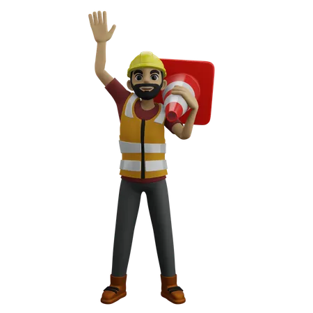 Construction Man Waving Hand While Holding Cone Pin  3D Illustration