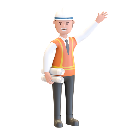 Construction manager holding blue print project plan  3D Icon