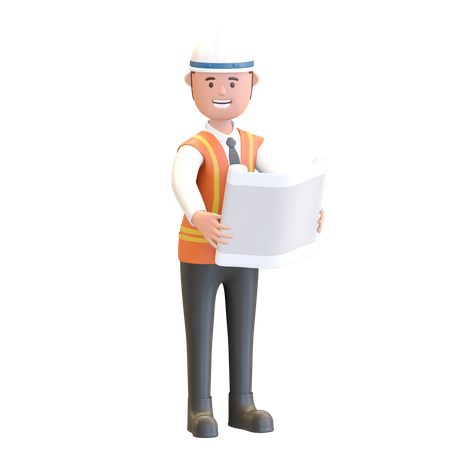 Construction manager holding blue print project plan  3D Icon
