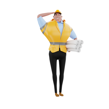 Construction manager holding blue print project plan  3D Icon