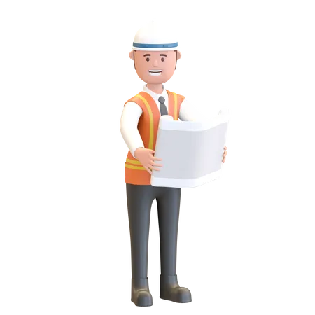 Construction manager holding blue print project plan  3D Illustration