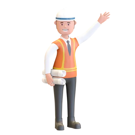 Construction manager holding blue print project plan 3D Illustration