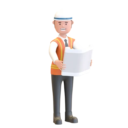 Construction manager holding blue print project plan 3D Illustration