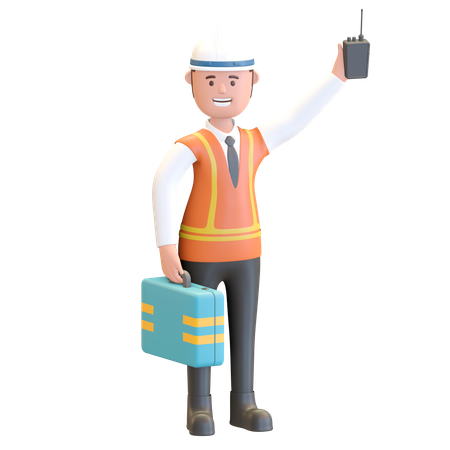 Construction manager holding briefcase and walkie talkie  3D Illustration