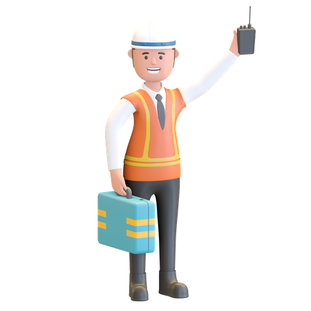 Construction manager holding briefcase and walkie talkie 3D Illustration