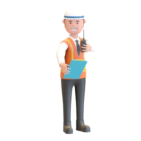 Construction manager holding note and walkie talkie 3D Illustration