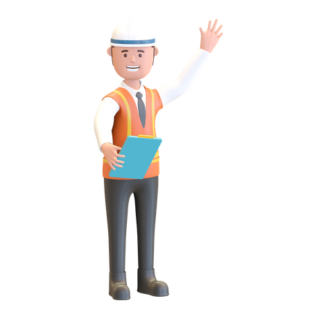 Construction manager holding note and waving hand  3D Icon