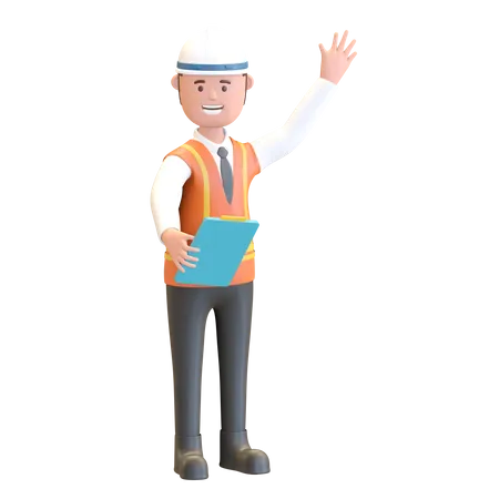 Construction manager holding note and waving hand  3D Illustration