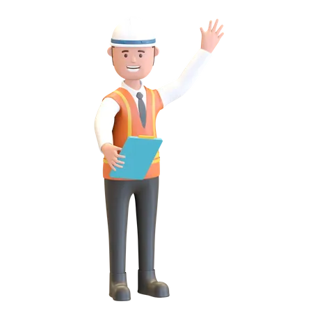 Construction manager holding note and waving hand 3D Illustration