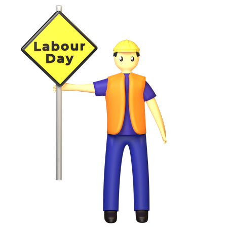 Construction site labour holding Labour Day Sign  3D Illustration