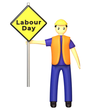 Construction site labour holding Labour Day Sign  3D Illustration