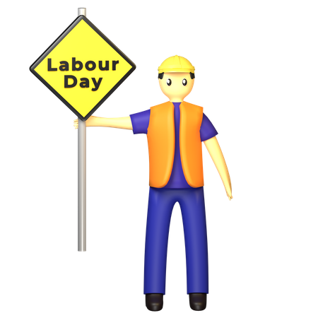 Construction site labour holding Labour Day Sign 3D Illustration