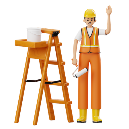 Construction With Paint Roller Standing Near The Stairs  3D Illustration