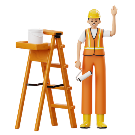 Construction With Paint Roller Standing Near The Stairs  3D Icon
