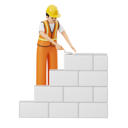 Construction Worker Building Wall  3D Illustration