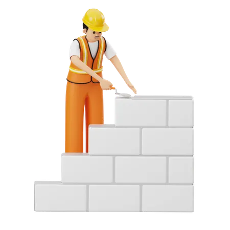 Construction Worker Building Wall  3D Illustration