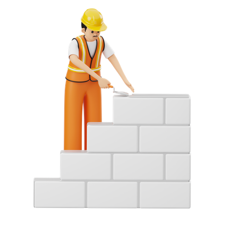 Construction Worker Building Wall  3D Icon