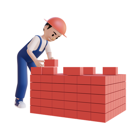 Construction worker building wall 3D Illustration