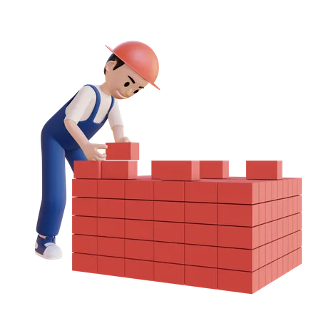 Construction worker building wall 3D Illustration