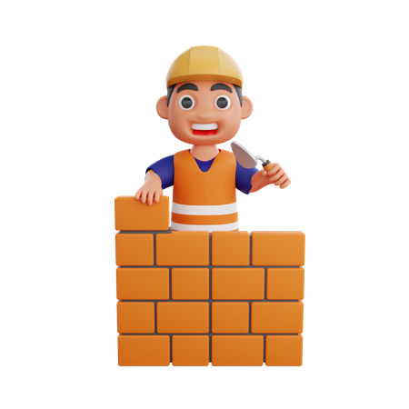 Construction worker building wall  3D Illustration