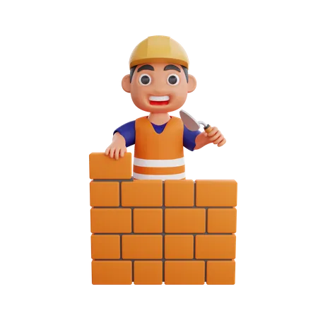 Construction worker building wall  3D Illustration