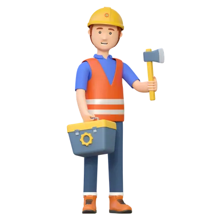Construction worker carrying axe  3D Illustration
