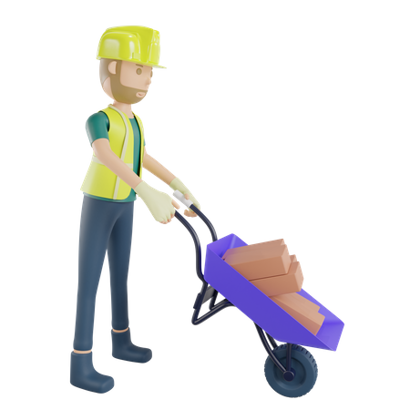 Construction worker carrying bricks with wheelbarrow  3D Icon