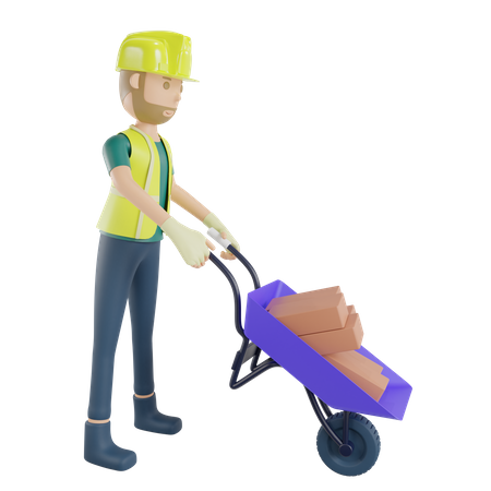 Construction worker carrying bricks with wheelbarrow 3D Illustration
