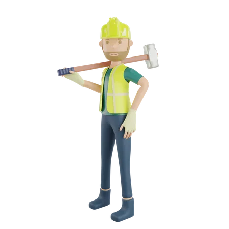 Construction worker carrying hammer  3D Illustration