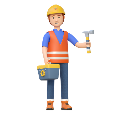 Construction worker carrying hammer  3D Illustration