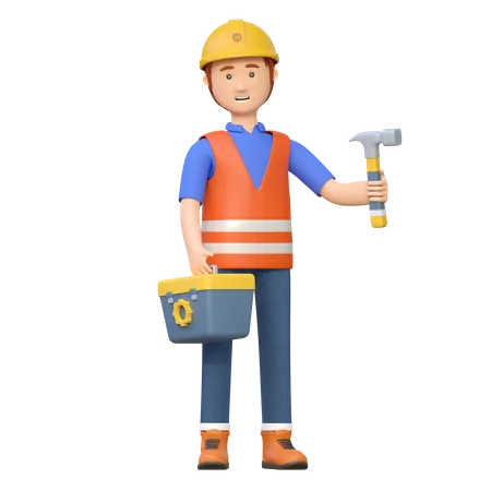 Construction worker carrying hammer  3D Illustration