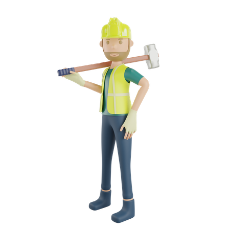 Construction worker carrying hammer 3D Illustration