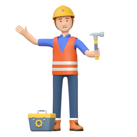 Construction worker carrying hammer  3D Illustration