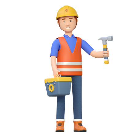 Construction worker carrying hammer  3D Illustration