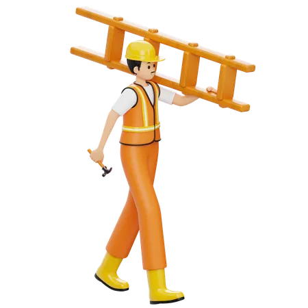 Construction Worker Carrying Ladder  3D Illustration