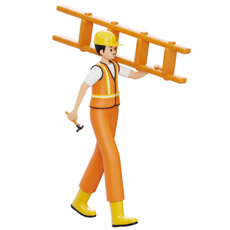 Construction Worker Carrying Ladder  3D Illustration