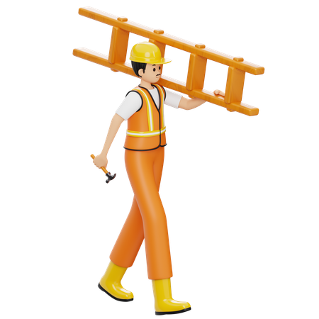 Construction Worker Carrying Ladder  3D Illustration