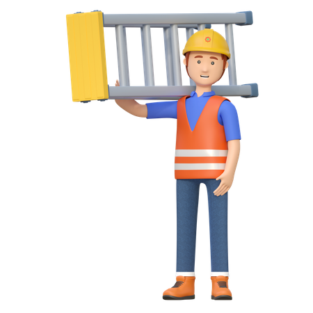 Construction worker carrying ladder  3D Illustration