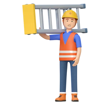 Construction worker carrying ladder  3D Illustration