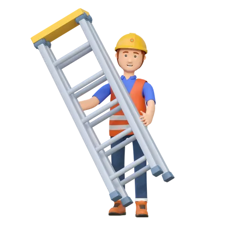 Construction worker carrying ladder  3D Illustration
