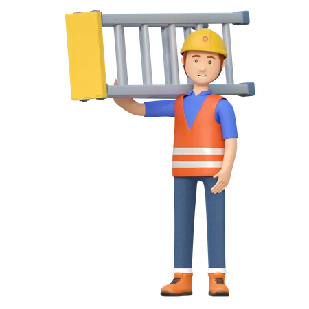 Construction Worker Carrying Ladder 3 D Cartoon Character Illustration 3D Illustration