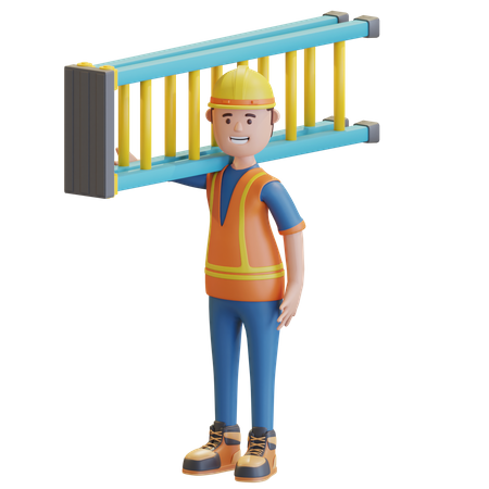 Construction worker carrying ladder staircase  3D Icon