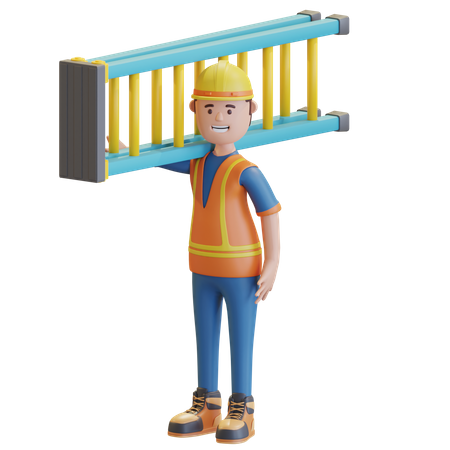 Construction worker carrying ladder staircase  3D Illustration