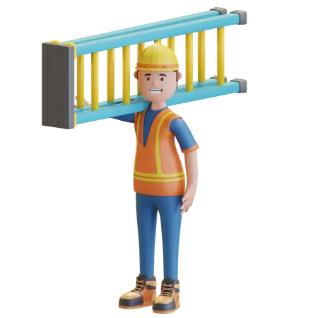 Construction worker carrying ladder staircase  3D Illustration