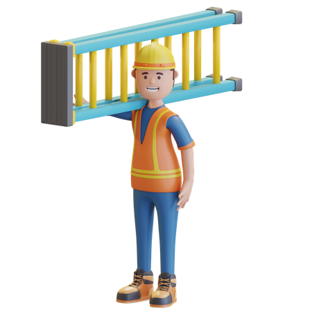 Construction worker carrying ladder staircase 3D Illustration
